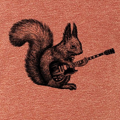Indigo Tiger T-shirt featuring a cute squirrel playing guitar illustration on a casual fabric tee.