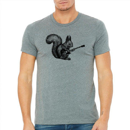 Heather gray T-shirt featuring a playful squirrel playing guitar design by Indigo Tiger.
