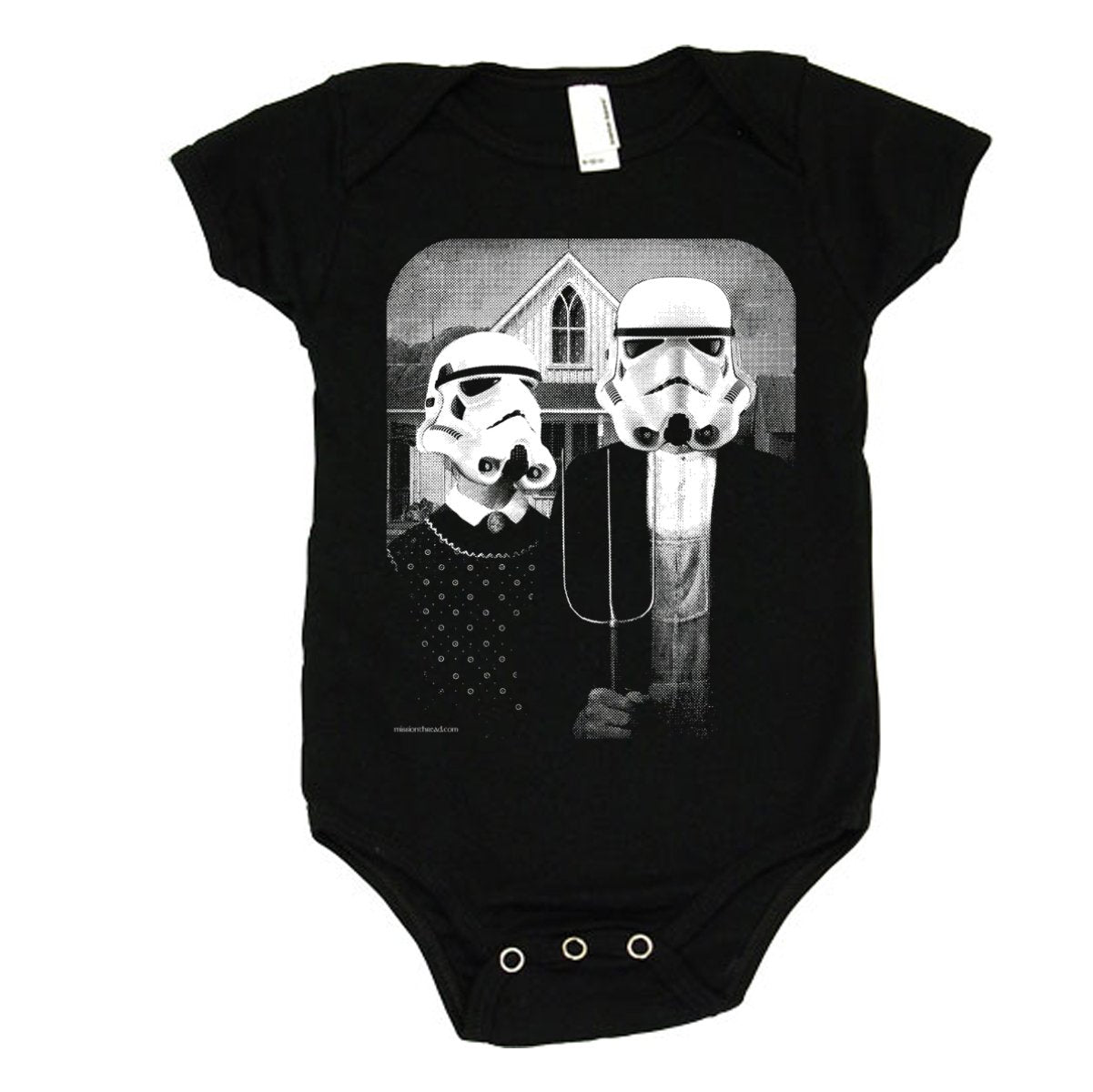 Black Star Wars American Gothic baby onesie by Indigo Tiger, featuring iconic sci-fi character graphic and comfortable fabric.