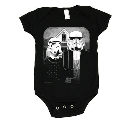 Black Star Wars American Gothic baby onesie by Indigo Tiger, featuring iconic sci-fi character graphic and comfortable fabric.