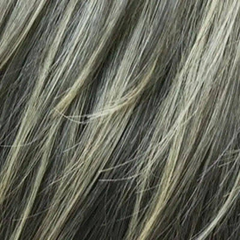 Silver Fox premium human hair wig by Peach Clymene featuring gray-blonde strands and a sleek, natural hair texture.