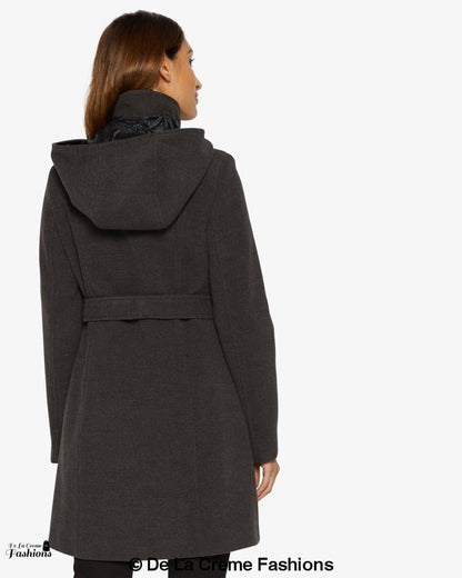 Rose Eleusis double-breasted hooded coat, stylish jacket with a hood and button details, displayed on a model.
