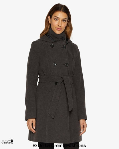 Rose Eleusis double-breasted hooded coat with front pockets and button details, shown in a stylish outdoor setting.
