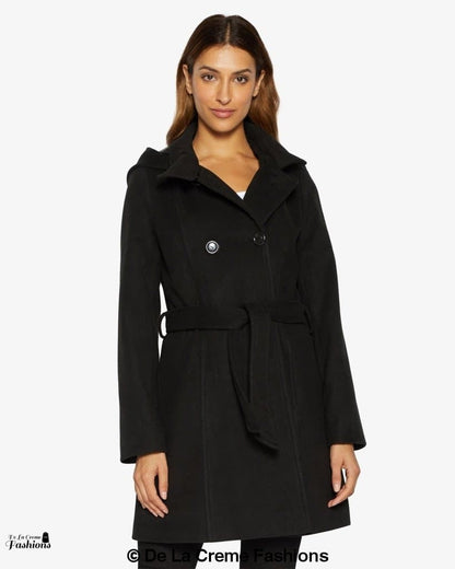 Rose Eleusis double-breasted hooded coat, stylish jacket with a hood and tailored fit, shown in a front view.