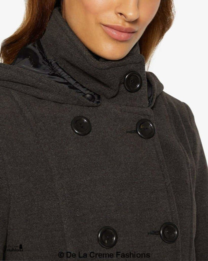 Rose Eleusis double-breasted hooded coat with front pockets, tailored fit, and adjustable drawstrings, in a stylish winter jacket design.
