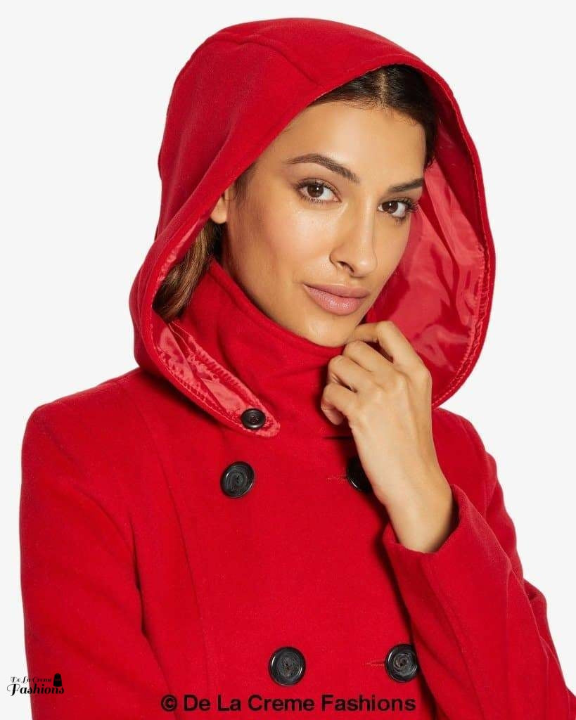 Stephanie Rose Eleusis double-breasted hooded coat, stylish jacket with a hood and button closure, displayed on a model.