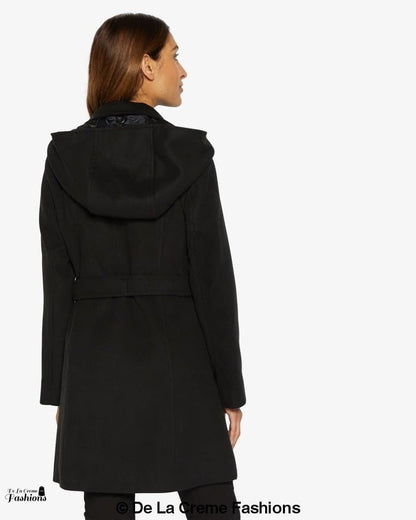 Rose Eleusis double-breasted hooded coat, stylish jacket with a hood and button details, shown on a model.