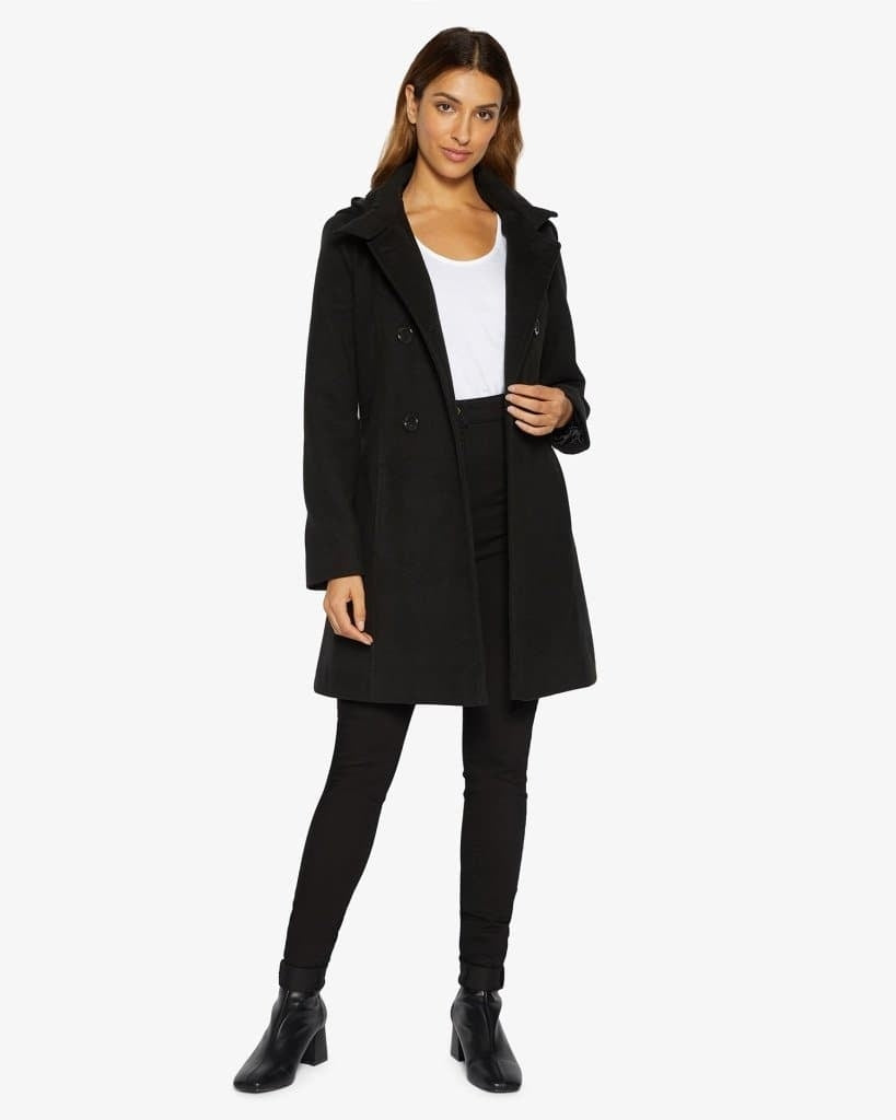 Black Rose Eleusis double-breasted hooded coat featuring a stylish design, shown on a UK size 10 model.