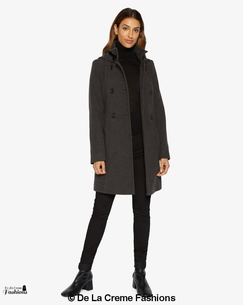 Grey Rose Eleusis double-breasted hooded coat, stylish jacket with button details and a cozy hood for cold weather.