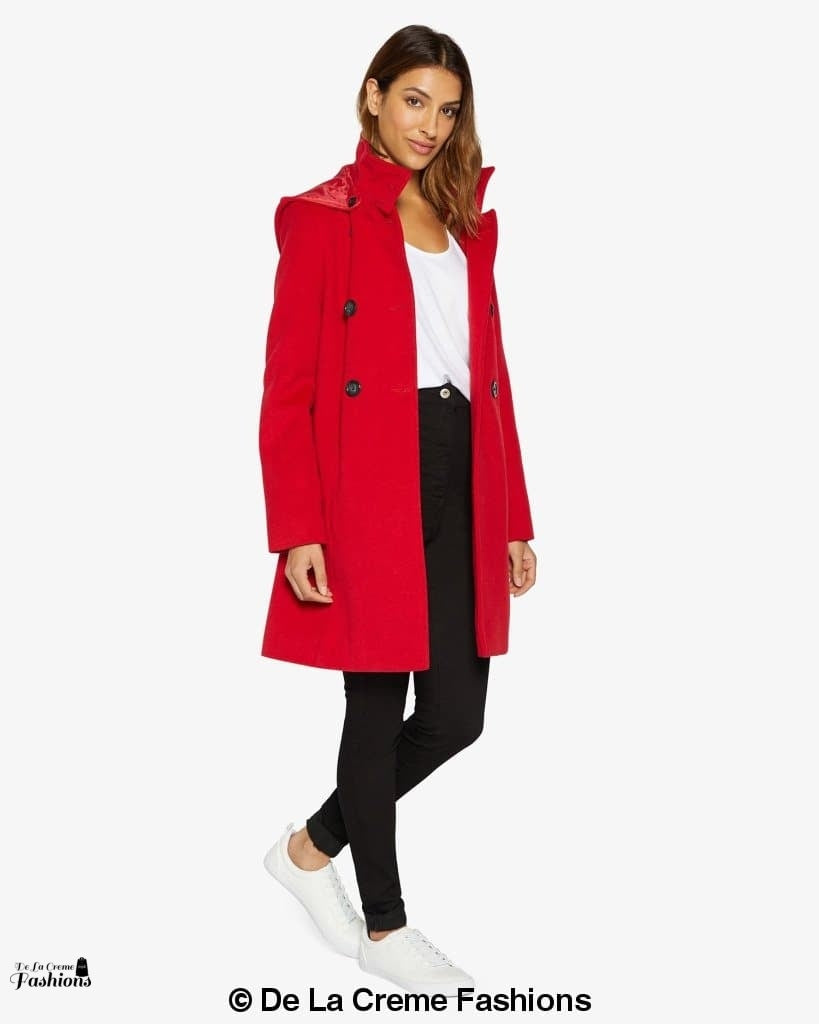 Red Rose Eleusis double-breasted hooded coat, stylish jacket with front buttons and a cozy hood, model wearing in a city setting.