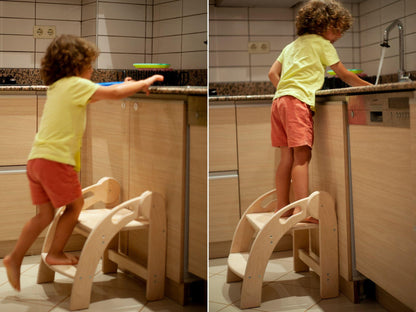 Red Oceanus foldable Montessori kitchen step stool with a sturdy wooden design and a colorful, child-friendly cover.