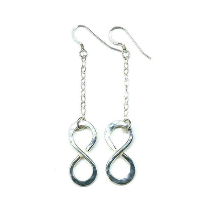 Sterling silver infinity earrings with hammer pattern by Blue Crius, featuring a sleek, modern design and polished finish.