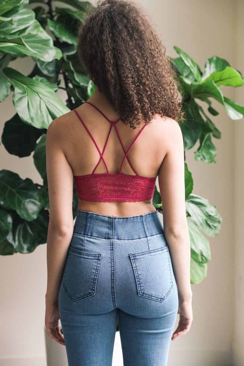 Periwinkle Aether Strappy Back Geometric Lace Bralette from the Leto Collection, featuring intricate lace and stylish strappy design.