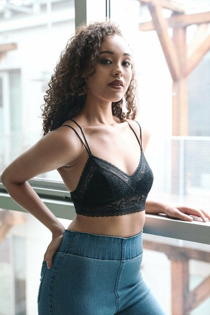 Periwinkle Aether strappy back geometric lace bralette from the Leto Collection, featuring intricate lace and stylish straps.