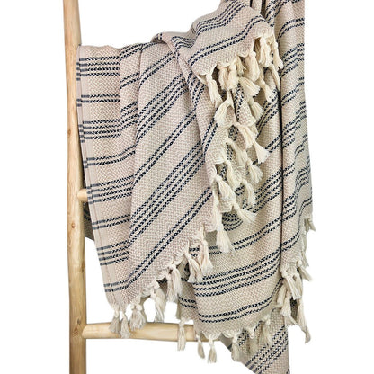 Ariel woven stripe Turkish throw blanket with colorful striped pattern, ideal for home decor and cozying up on the couch.