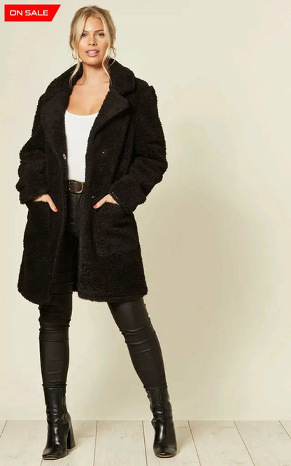 Black Rose Eleusis Borg Teddy Coat with stud button details, cozy jacket with a plush, textured finish and button accents.