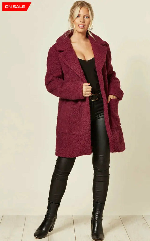 Rose Eleusis fuchsia Borg teddy coat with stud buttons, cozy and stylish jacket for cold weather fashion.