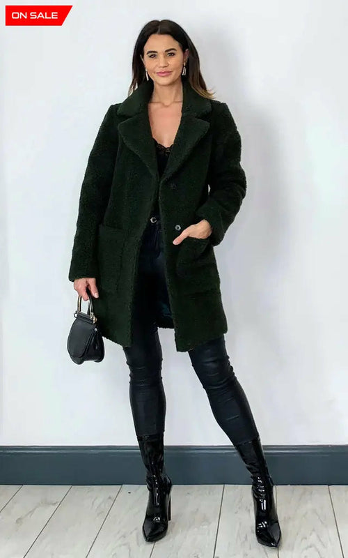 Rose Eleusis olive Borg teddy coat with stud button details, cozy oversized jacket for stylish winter warmth.