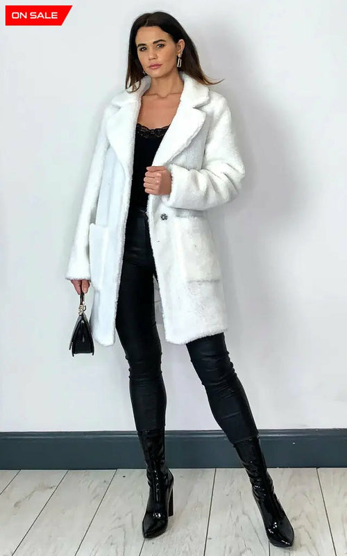 White Rose Eleusis Borg Teddy Coat with stud button details, cozy button-up jacket with plush textured fabric.