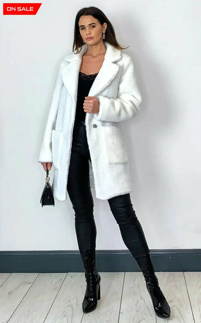 White Rose Eleusis Borg Teddy Coat with stud button details, cozy button-up jacket with plush textured fabric.