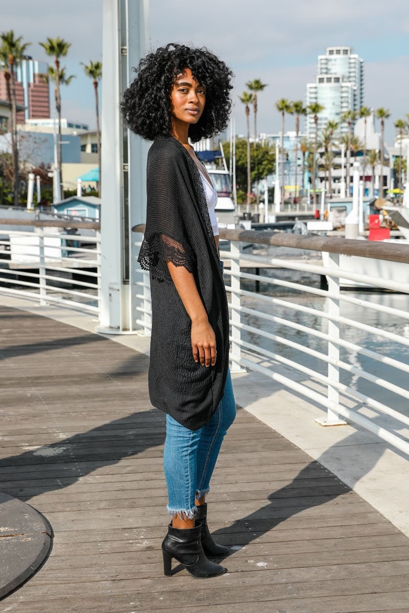 Periwinkle Aether Sunshine Lace Trim Kimono accessory with delicate lace details, lightweight and stylish for layering.