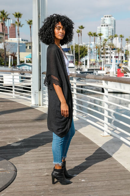 Periwinkle Aether Sunshine Lace Trim Kimono accessory with delicate lace details, lightweight and stylish for layering.
