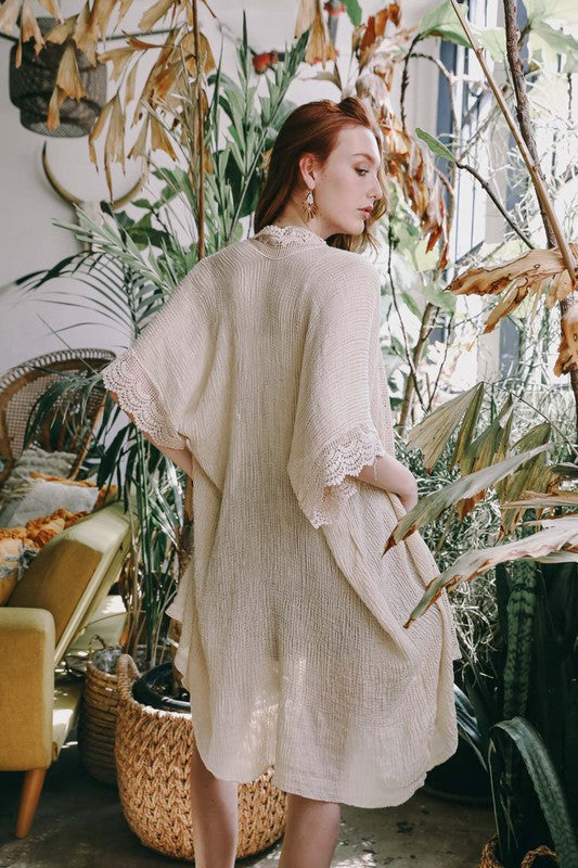 Sunshine lace trim kimono by Periwinkle Aether, lightweight accessories with delicate lace details and a relaxed fit.