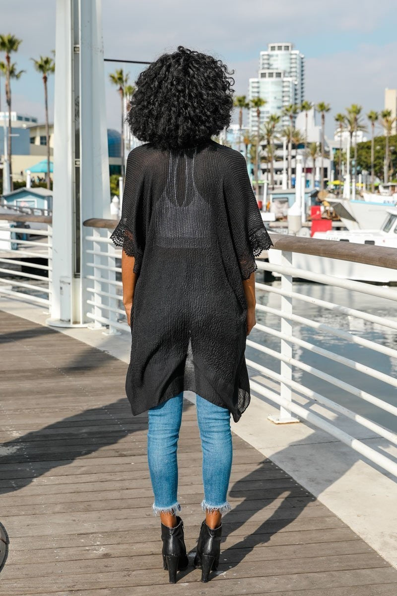 Periwinkle Aether Sunshine Lace Trim Kimono accessory with delicate lace details and flowy fabric, perfect for casual or dressy wear.