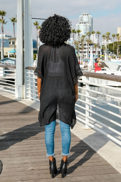 Periwinkle Aether Sunshine Lace Trim Kimono accessory with delicate lace details and flowy fabric, perfect for casual or dressy wear.