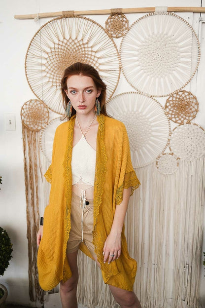 Mustard Sunshine Lace Trim Kimono by Periwinkle Aether, lightweight accessories with delicate lace detailing and relaxed fit.
