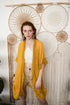 Mustard Sunshine Lace Trim Kimono by Periwinkle Aether, lightweight accessories with delicate lace detailing and relaxed fit.