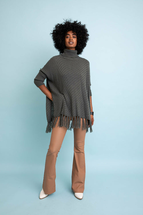 Start2Finish olive green sweater weather roll-neck poncho, cozy and stylish with a relaxed fit and cute design.
