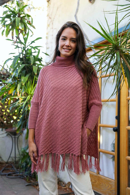 Start2Finish plum roll-neck sweater weather poncho, cozy and stylish for autumn days, with a soft, knit fabric and relaxed fit.