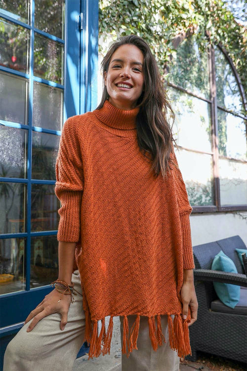 Rust-colored Start2Finish sweater weather roll-neck poncho with a cozy, stylish design perfect for fall fashion.