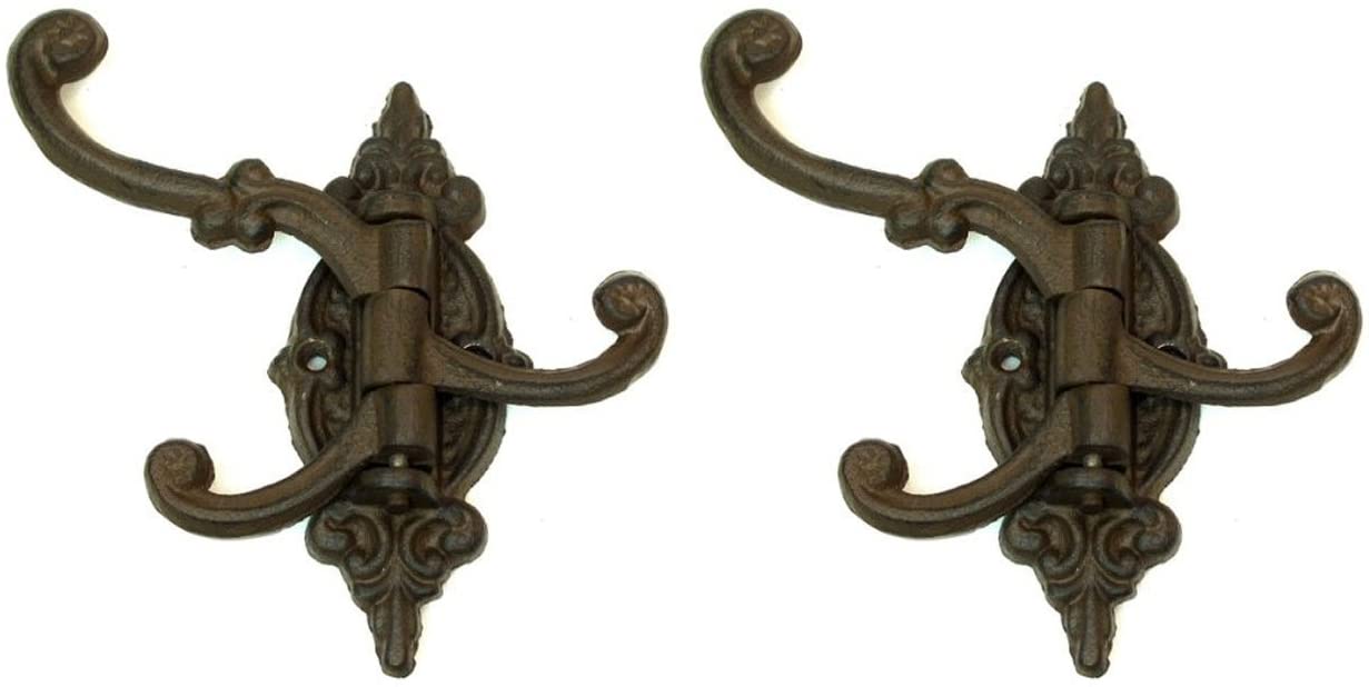 Set of two Yellow Icarus cast iron swivel wall hook brackets with three hooks each, 5.75 inches, for home decor and organization.
