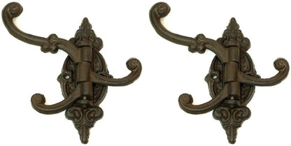 Set of two Yellow Icarus cast iron swivel wall hook brackets with three hooks each, 5.75 inches, for home decor and organization.
