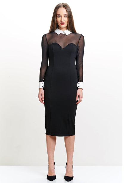 Black and white Tuxedo Illusion Sheath Dress by Peach Dionysus featuring long sleeves and a midi length, elegant and stylish.