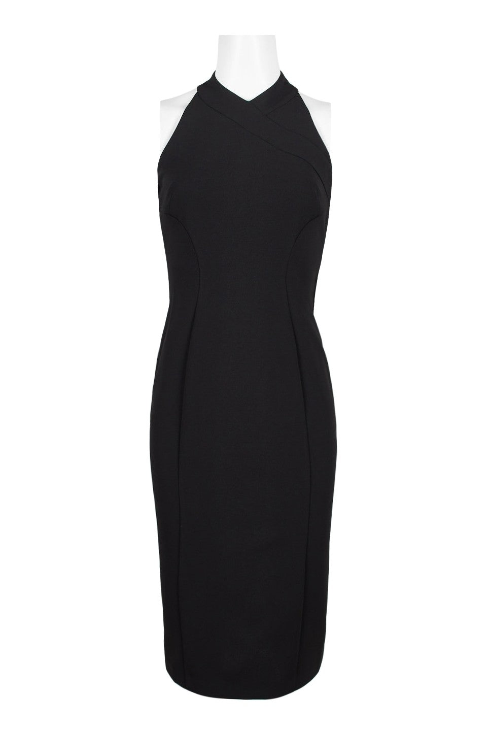 Black London Times halter neck banded zipper back solid stretch crepe dress by Crimson Bamboo, showcasing a fitted women&