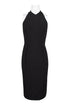 Black London Times halter neck banded zipper back solid stretch crepe dress by Crimson Bamboo, showcasing a fitted women&