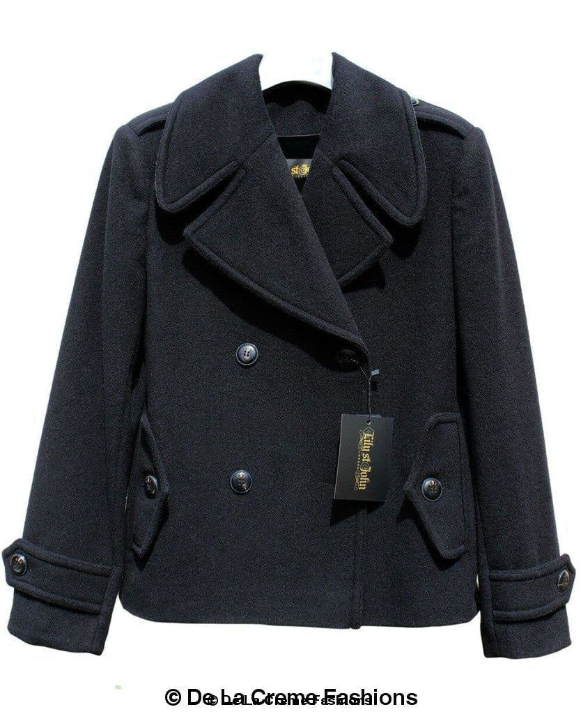 Black Harris Tweed contrast short pea coat by Rose Eleusis, tailored fit with classic double-breasted style and notched collar.