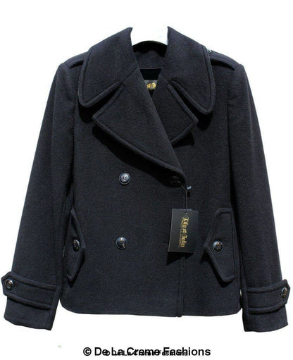 Black Harris Tweed contrast short pea coat by Rose Eleusis, tailored fit with classic double-breasted style and notched collar.