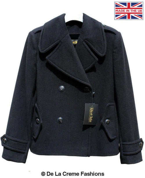 Rose Eleusis Harris Tweed contrast short pea coat, tailored black jacket with classic design and button details.