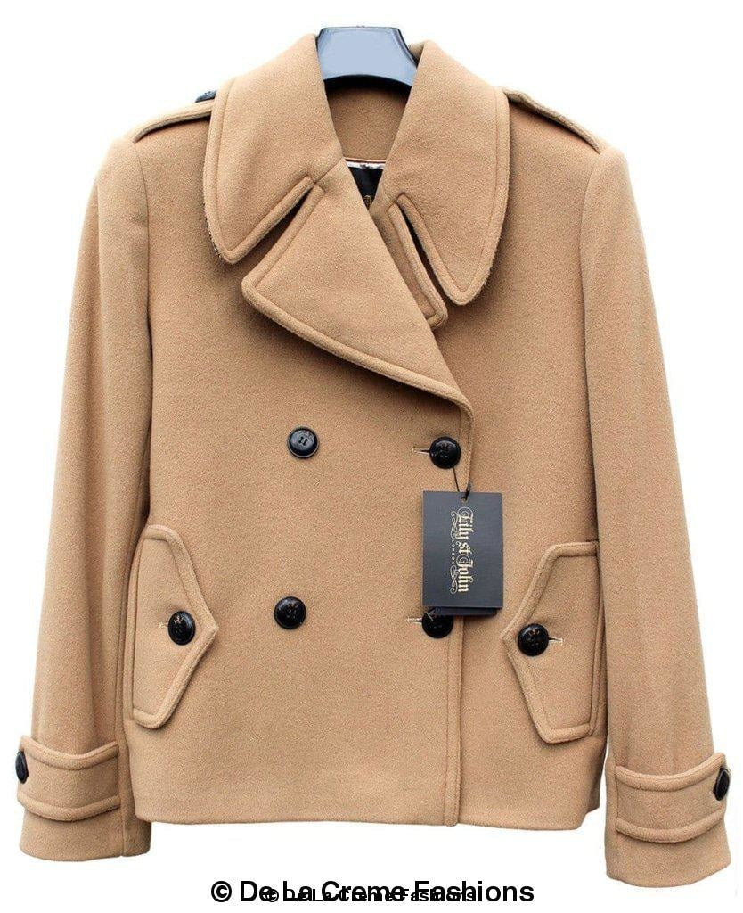 Rose Eleusis Harris Tweed contrast short pea coat, tailored jacket in camel with contrasting lapel detail, UK size 8.