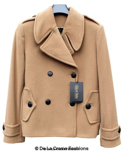 Rose Eleusis Harris Tweed contrast short pea coat, tailored jacket in camel with contrasting lapel detail, UK size 8.
