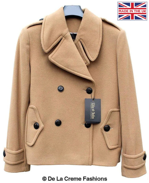 Rose Eleusis Harris Tweed contrast short pea coat, tailored camel jacket with classic design and button details.