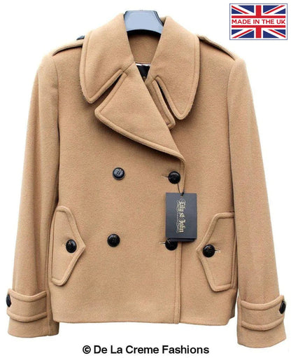 Rose Eleusis Harris Tweed contrast short pea coat, tailored camel jacket with classic design and button details.