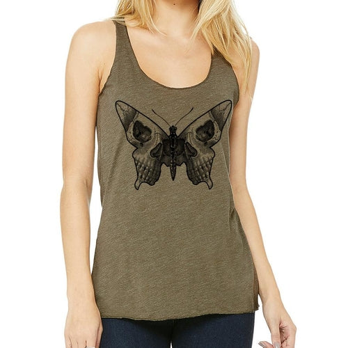 Army green butterfly skull racerback tank top by Indigo Tiger featuring a bold butterfly skull graphic on the front.