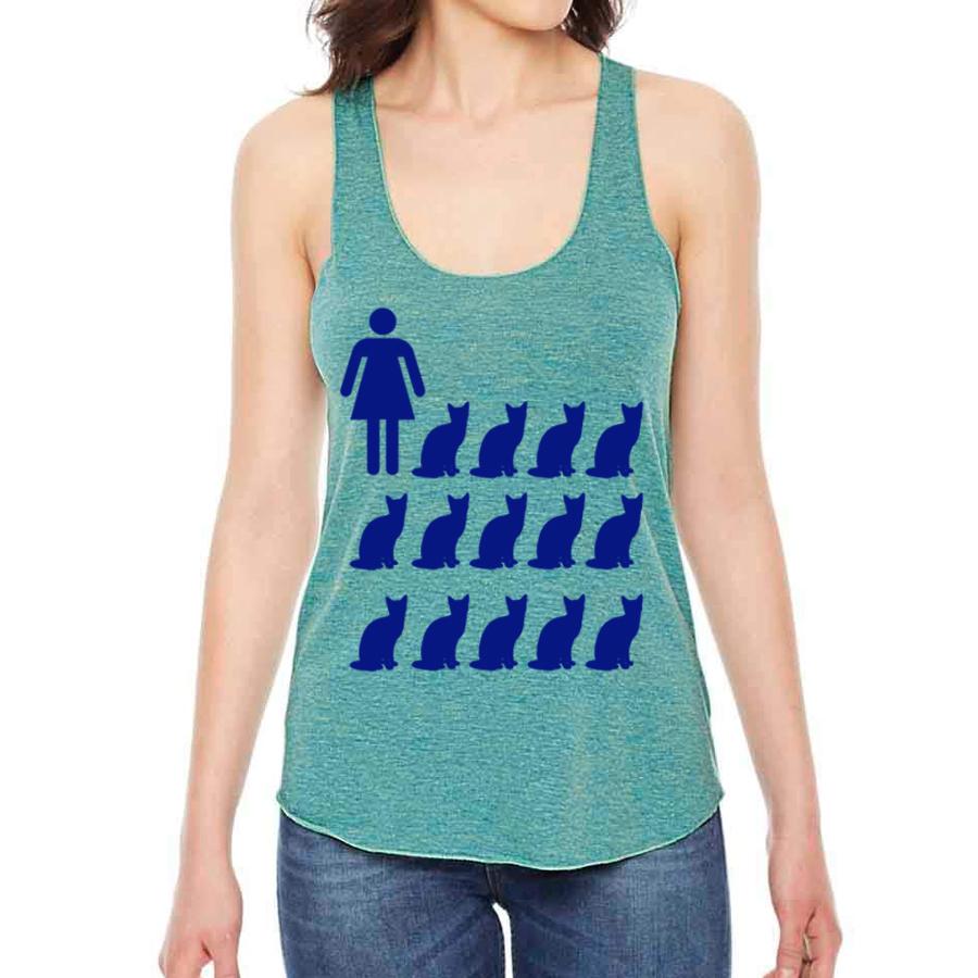 Green tank top featuring playful cat graphics, designed for cat lovers by Indigo Tiger, perfect for casual wear.