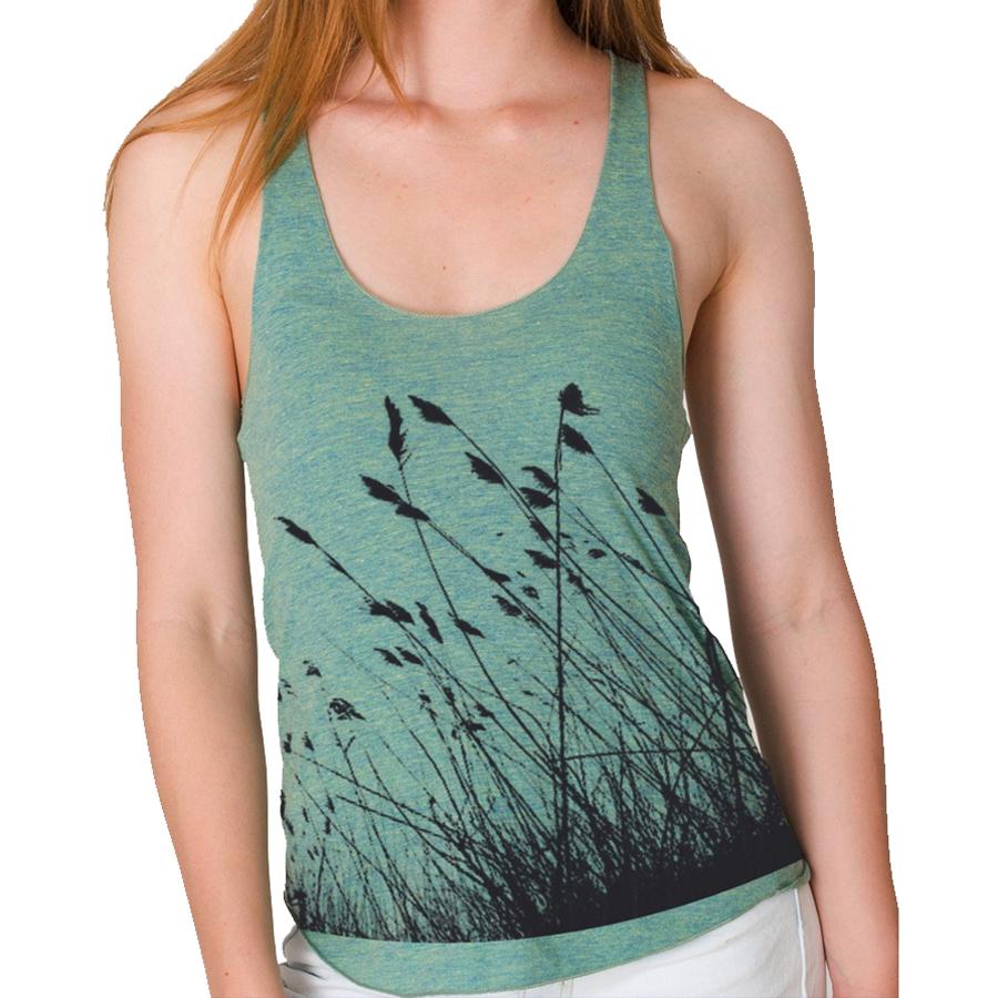 Indigo Tiger Nature Mind racerback tank top with a green grass and nature-inspired print on soft fabric.