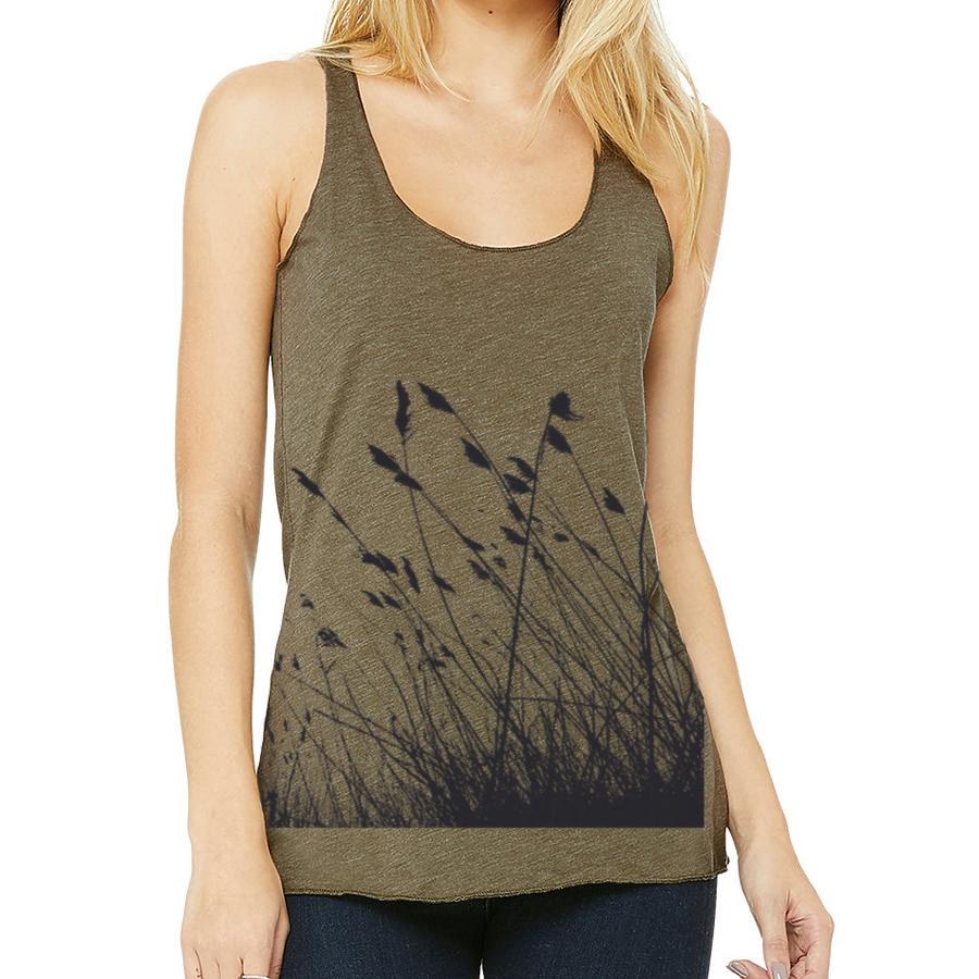 Olive green Nature Mind racerback tank top by Indigo Tiger, soft fabric, casual fit, shown on a model against a natural outdoor background.